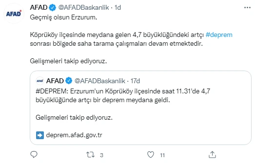 Erzurum'da 4.7 büyüklüğünde deprem